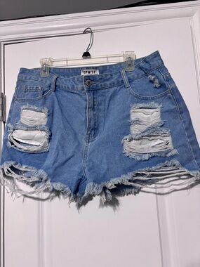 TPWTP Distressed Denim Shorts High Rise Frayed Hem Y2K Festival Size XXL